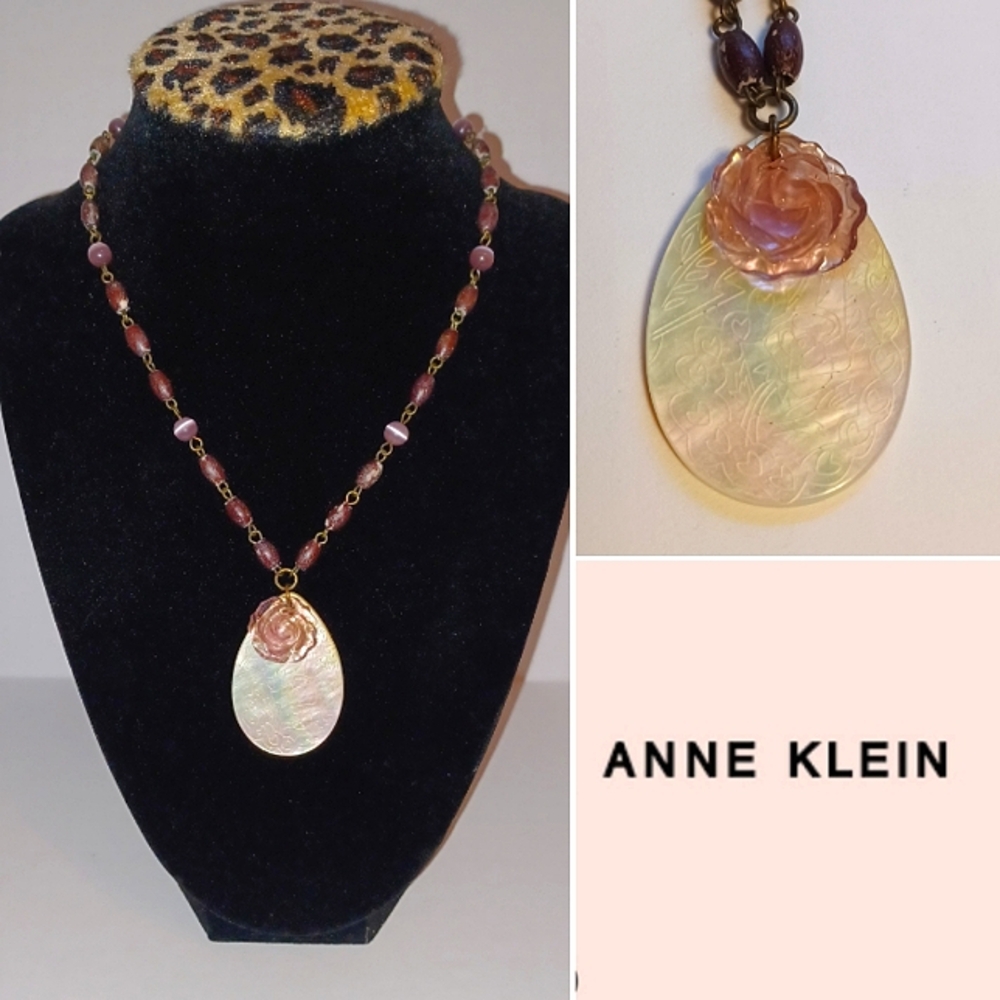 Vintage Mother-of-Pearl teardrop pendant on beaded chain, stamped, Anne Klein
